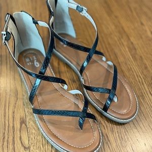 Black, Faux Snakeskin Sandals